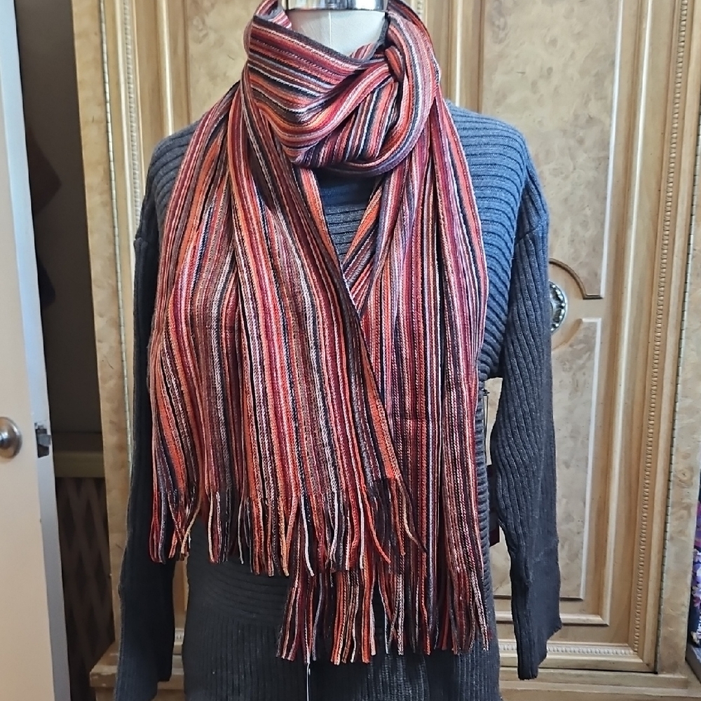 Johnston & Murphy Vibrant Striped And Fringed Scarf Gray And Reds New